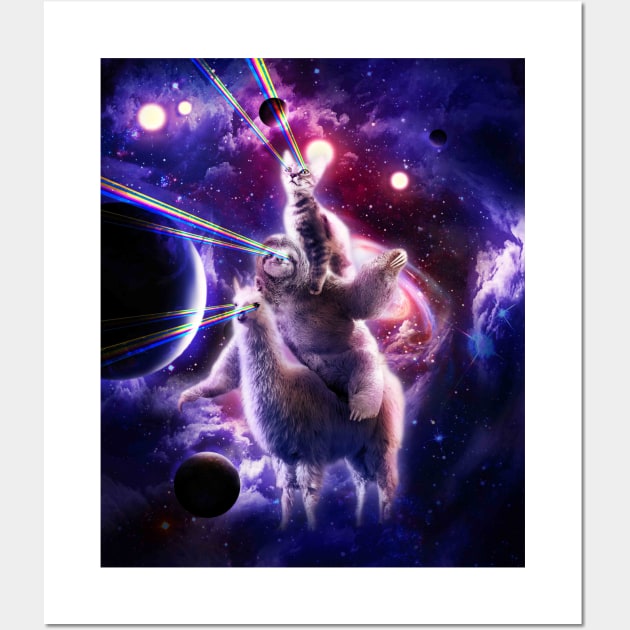 Laser Eyes Space Cat Riding Sloth Llama - Rainbow Wall Art by Random Galaxy